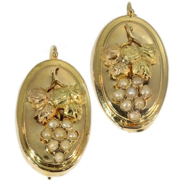 Victorian two tone gold earrings with seed pearl grapes and branch of vines
